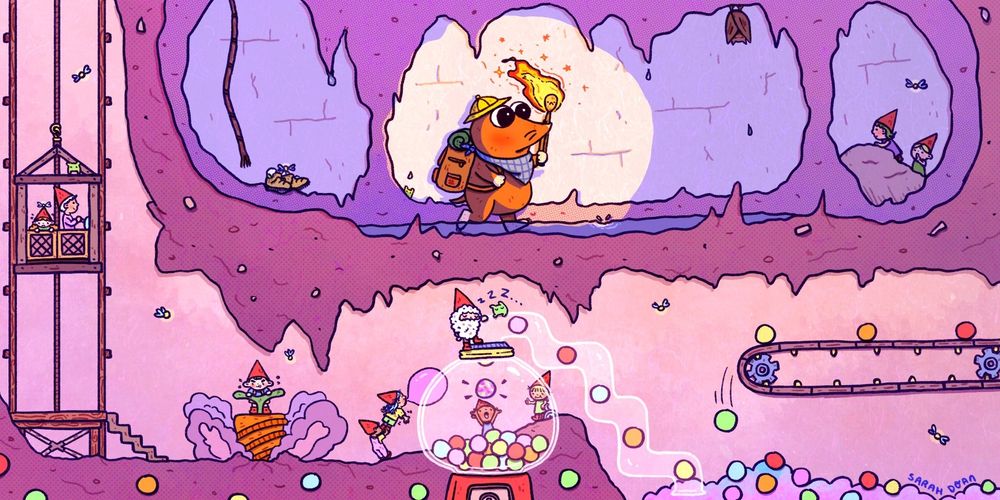 Illustration of a mole holding a torch in an underground cave. Beneath his level is a scene of gnomes working in a bubble gum mine. The art is in the style of children's picture books or graphic novels. The art style is whimsical and fantasy 