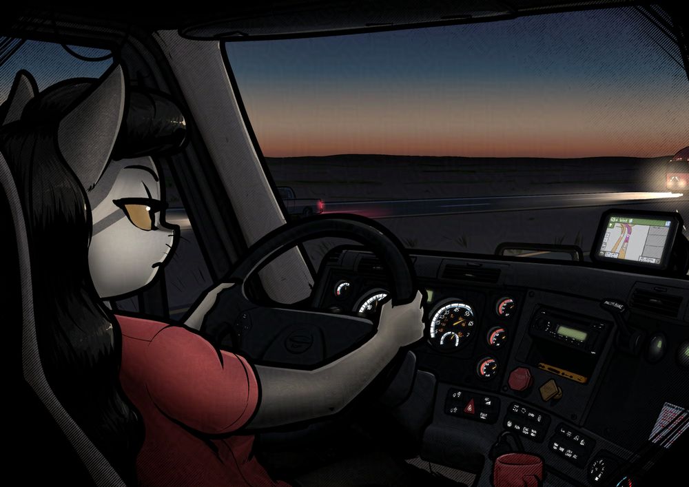 My fursona, an anthro furry cat named Elya, is driving her work truck on a highway in a late evening
