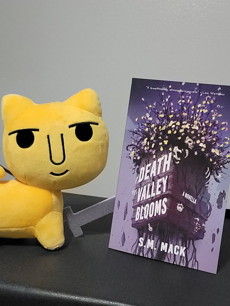 A Medieval Cat stuffed toy (a yellow cat with a human face with a slight smile) points with his little sword to a copy of Death Valley Blooms by S.M. Mack. The book cover has the title apparently written on a core sample showing desert stratigraphy intertwined with roots and bones, with wildly blooming flowers above.