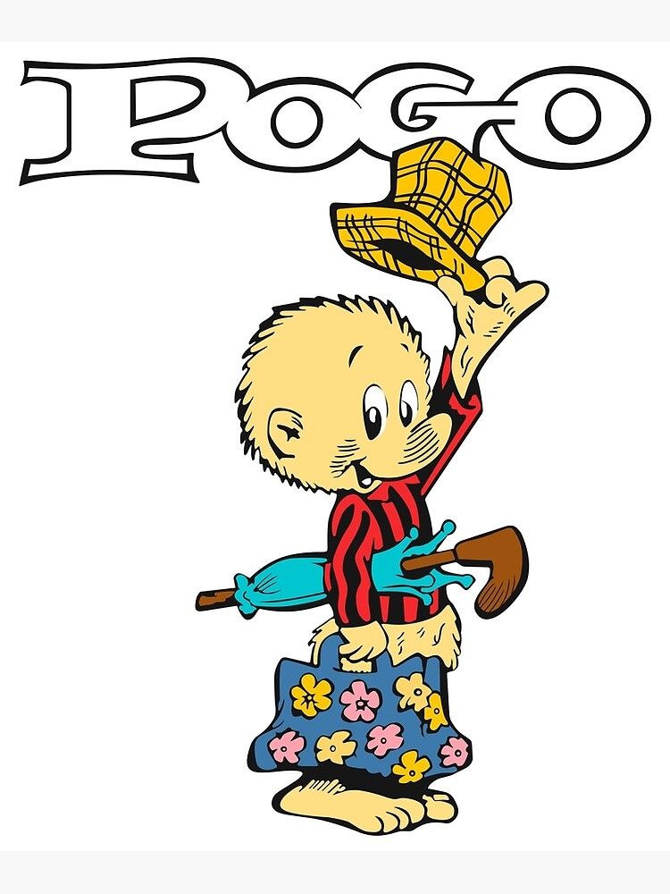 Pogo Possum, a cartoon anthropomorphic opossum created by Walt Kelly for satirical political comic strips. He's wearing a red and black striped shirt, carrying a floral carpet bag with an umbrella stuck under his arm, smiling, and tipping his big ol' plaid top hat to you. Above his head is 