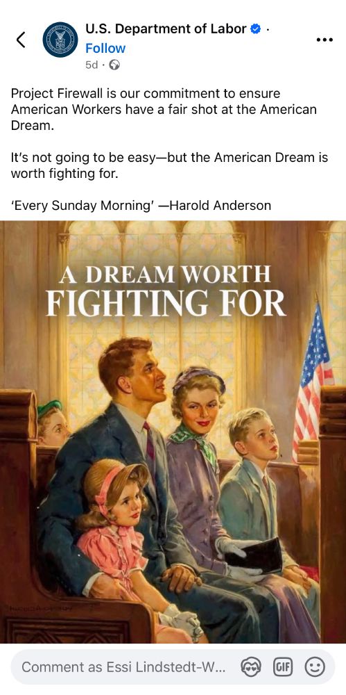 US dept of Labor Facebook ad featuring a Ladybird book style image of a 1940s style white family in a church. 