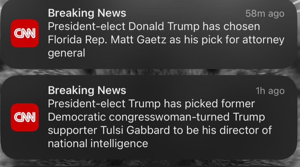 CNN news notifications announcing Trump’s nominations of Matt Gaetz for Attorney General and Tulsi Gabbard for Director of National Intelligence 