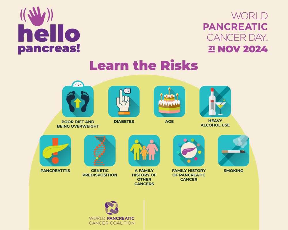 Infographic titled 'Hello Pancreas!' for World Pancreatic Cancer Day on 21 November 2024. It lists risk factors for pancreatic cancer including poor diet and being overweight, diabetes, age, heavy alcohol use, pancreatitis, genetic predisposition, a family history of other cancers, family history of pancreatic cancer, and smoking. Each risk factor is represented with an icon.