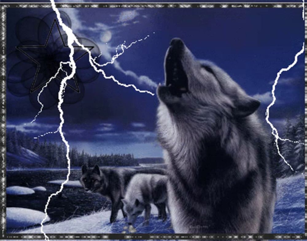 a picture of wolves howling at the moon with lightning in the background