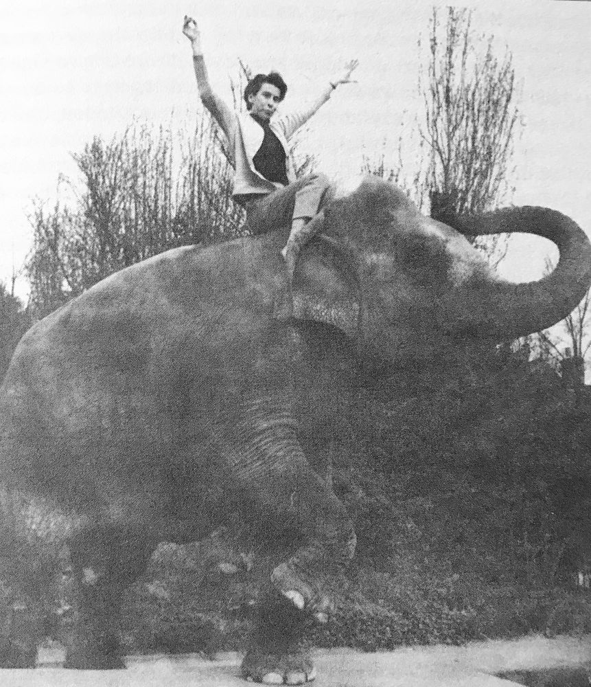 Tove Jansson on an elephant, London Zoo, 1957.