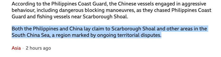 extract from BBC report: Both the Philippines and China lay claim to Scarborough Shoal and other areas in the South China Sea, a region marked by ongoing territorial disputes.