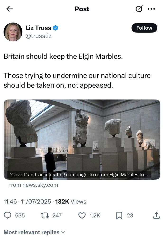 Screenshot of tweet from Liz Truss. You really don’t want to see it, but it’s about the Parthenon Marbles. 