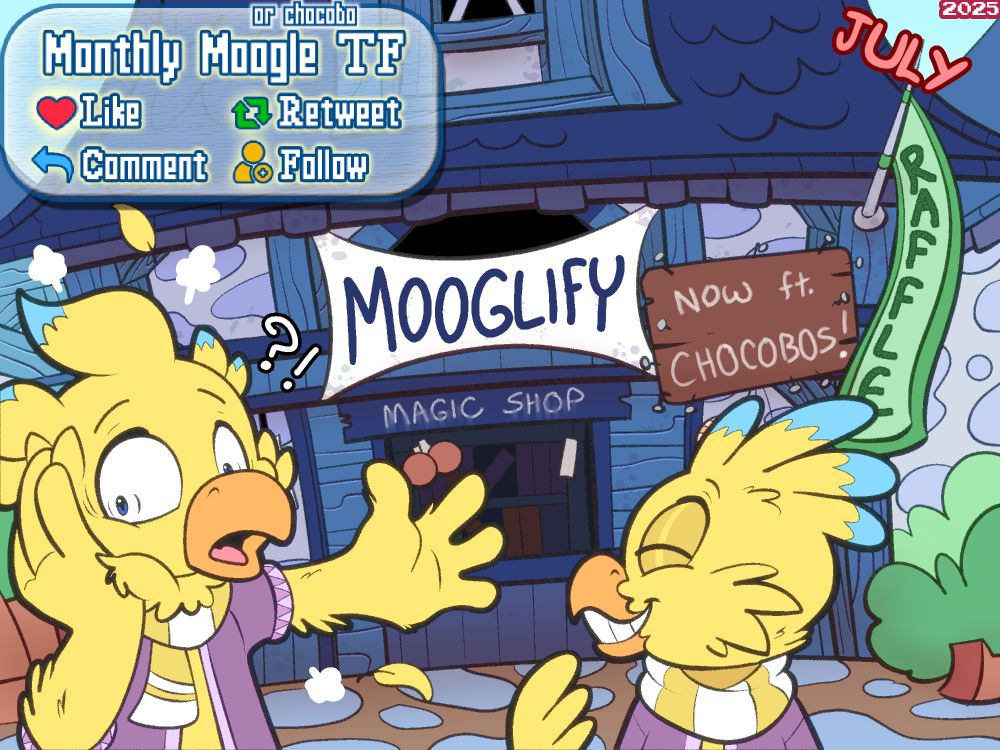 Picture depicting Raffle rules for getting your character TF'd into an Ivalice Moogle or a Chocobo by Erakir, either as a chocobo or moogle himself. Done by Trevor-fox. Detailed rules are in the post below!
