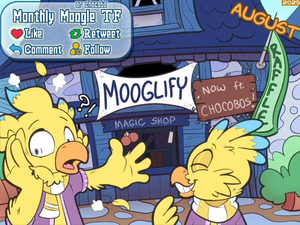 Picture depicting Raffle rules for getting your character TF'd into an Ivalice Moogle or a Chocobo by Erakir, either as a chocobo or moogle himself. Done by Trevor-fox. Detailed rules are in the post below!