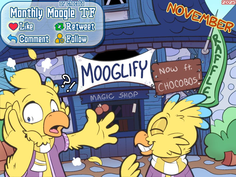 Picture depicting Raffle rules for getting your character TF'd into an Ivalice Moogle or a Chocobo by Erakir, either as a chocobo or moogle himself. Done by Trevor-fox. Detailed rules are in the post below!