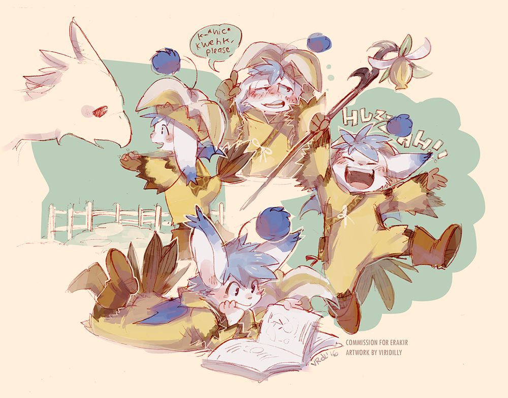 Erakir, an ivalician moogle in various posts wearing the Chocobo Suit from FFXIV and a yellow/white dyed Rainbow cap (Jester cap) from the same game.

In one pose, he's reading a book on the ground with a simple smile.
In another, he is yelling Huzzah while jumping in the air (Emulating the FFXIV emote)
In another, he's slightly tipsy and is asking for the check - er, the 'kwehk, 'please'
And in one more he's feeding a chocobo from his hands.