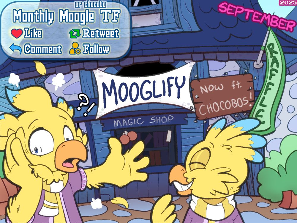 Picture depicting Raffle rules for getting your character TF'd into an Ivalice Moogle or a Chocobo by Erakir, either as a chocobo or moogle himself. Done by Trevor-fox. Detailed rules are in the post below!