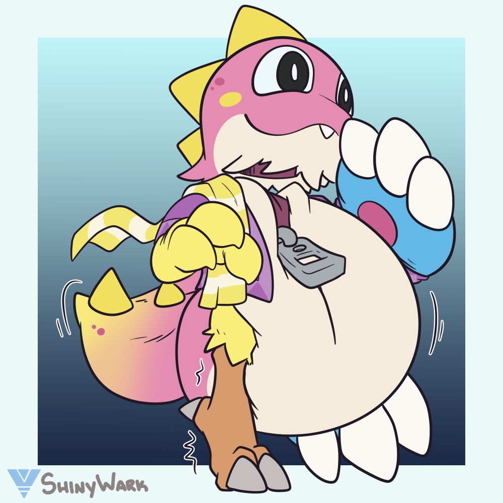 A picture of Erakir almost fully transformed into an inanimate pink bubble dragon plush suit with absolutely huge paws/claws. 