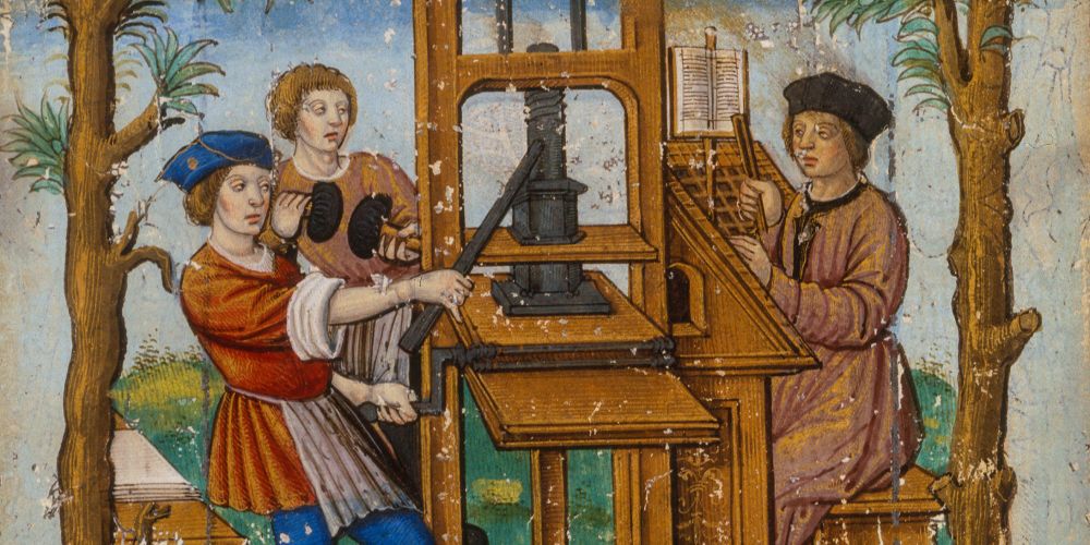 Représentation médiévale d'une presse à imprimer