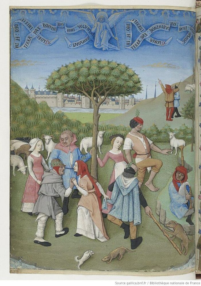 Enluminure médiévale représentant des bergers faisant la fête en dansant autour d'un arbre