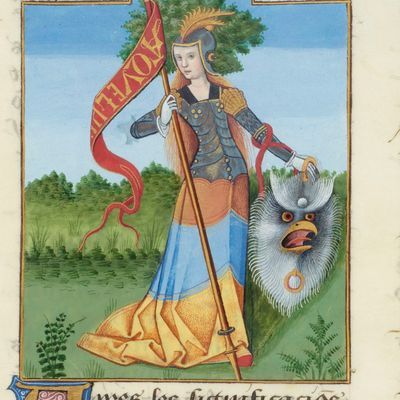 Enluminure médiévale représentant une Vertu sous la forme d'une femme en armes