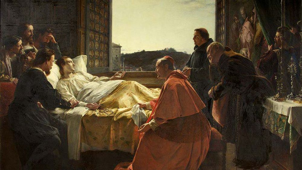 Les Derniers Instants de Raphaël, de Henry Nelson O’Neil (1817-1880)
La toile représente un homme allongé sur son lit, entouré par des proches et des clercs
