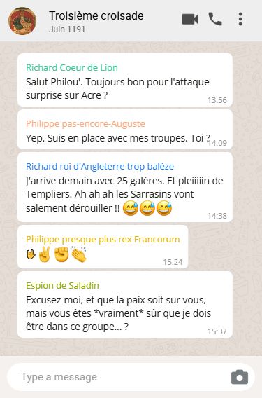 Fausse conversation Whatsapp montrant Richard coeur de Lion et Philippe Auguste planifier une attaque secrète sur Acre, tandis qu'un espion arabe fait partie du groupe.