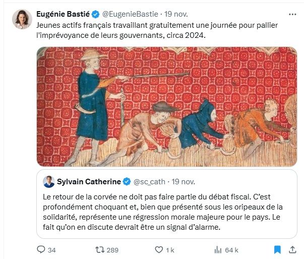 Capture d'écran d'un tweet d'Eugénie Bastié disant "jeunes actifs français travaillant gratuitement pour pallier l'imprévoyance de leurs gouvernants, circa 2024" avec une image médiévale de paysans travaillant dans les champs