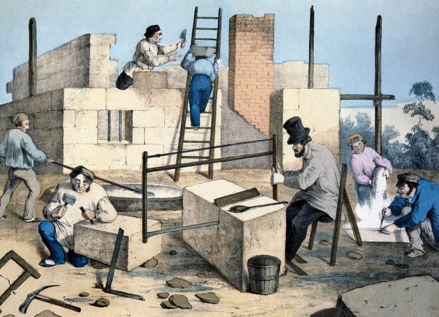Gravure du XIXe siècle montrant des ouvriers sur un chantier