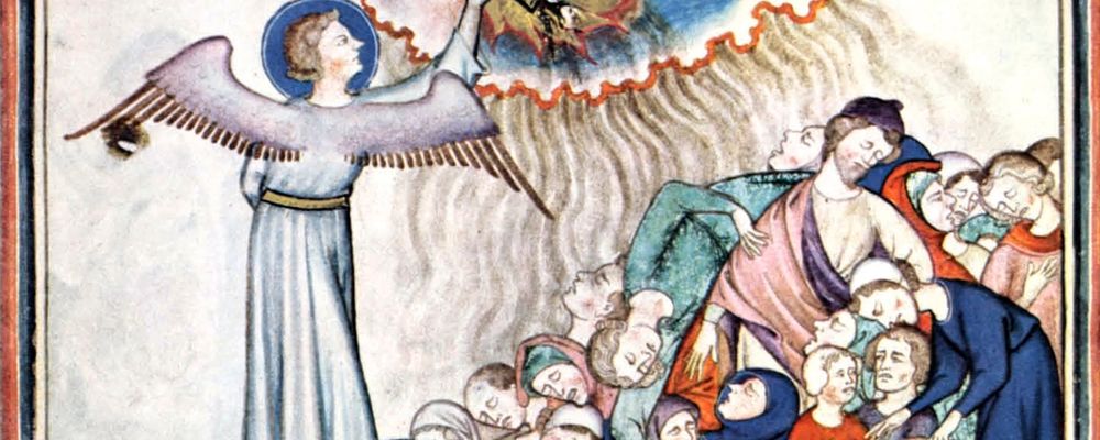 Enluminure médiévale montrant une scène de l'Apocalypse : des hommes mourant sous le regard d'un ange