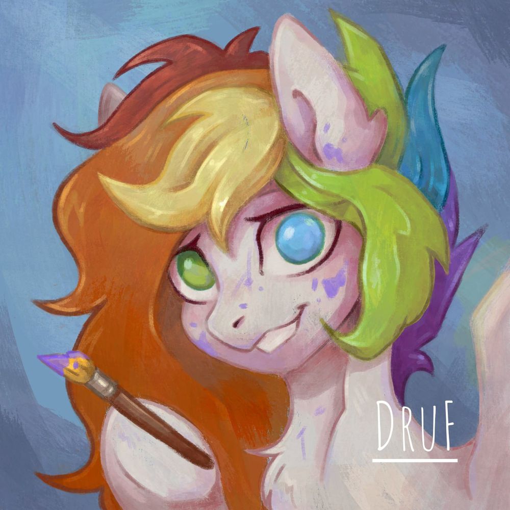 Digital art of mlp pegasus OC Humble Heart with rainbow hair and white skin holding a brush. Artist signature: DruF