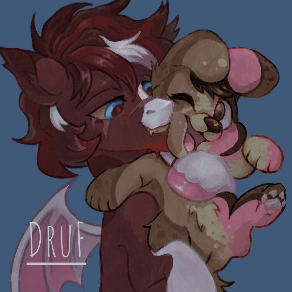 Digital art of a batpony OC with red and wight hair and blue eyes hugging his dog. Artist signature: DruF