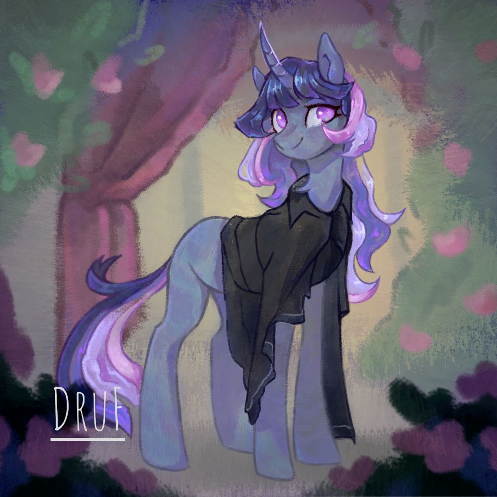 Digital art of Flawless Sparklemoon standing in the rose garden. Artist signature: DruF