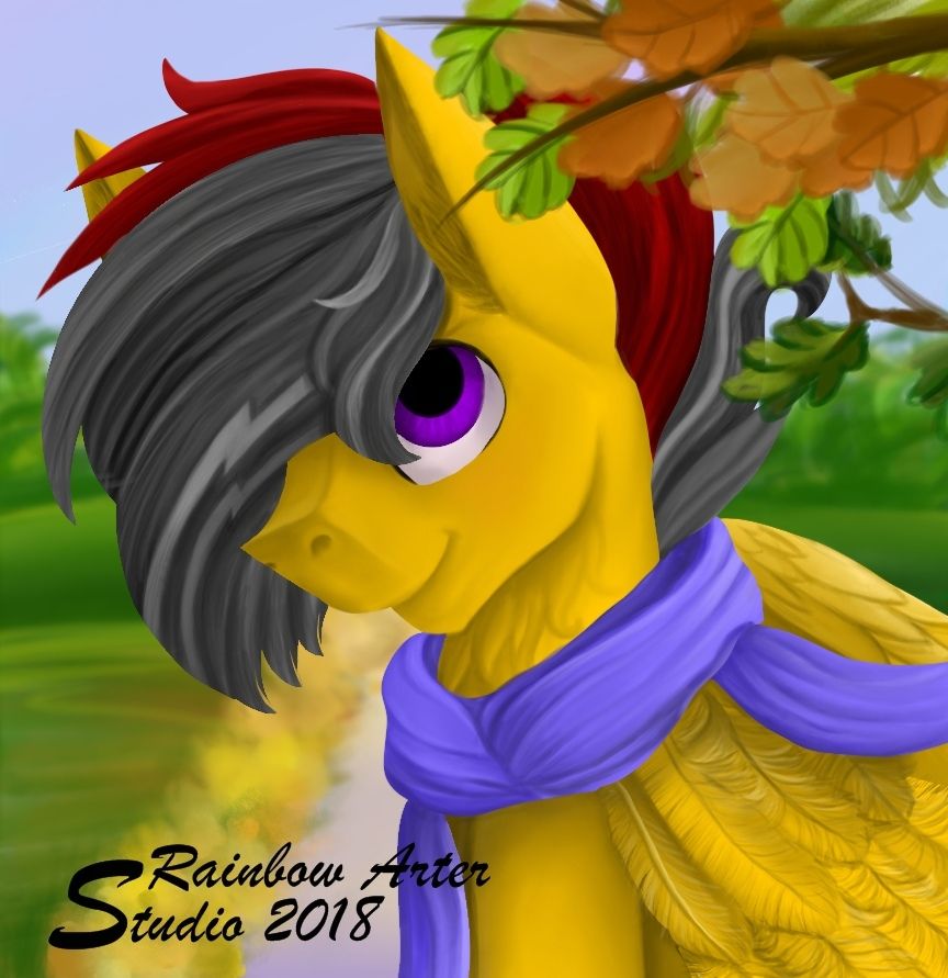 Digital artwork of a yellow pegasus pony with dark gray and red mane, bright violet eyes, and a purple scarf, standing under autumn leaves on a forest path. Warm and detailed semi-realistic My Little Pony-inspired painting by Rainbow Arter Studio (2018) later known as DruF