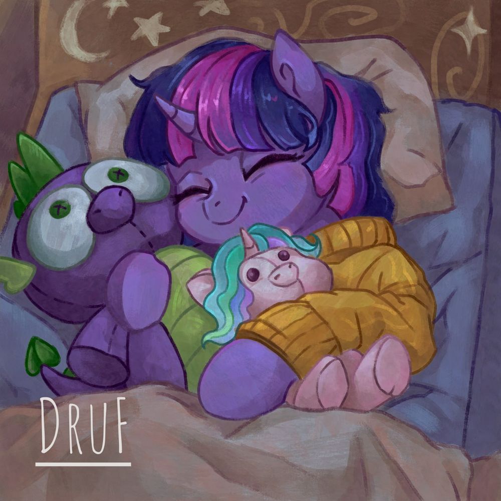 Digital art of filly Twilight Sparkle sleeping with her plushie Spike and Princess Celestia. Artist signature: DruF
