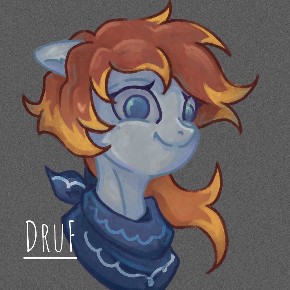 Coloured digital art of a smiling white pony with reddish mane with yellow strands and curious blue eyes wearing a blue neckerchief. Grey background and white artist signature "DruF" in the low left corner.