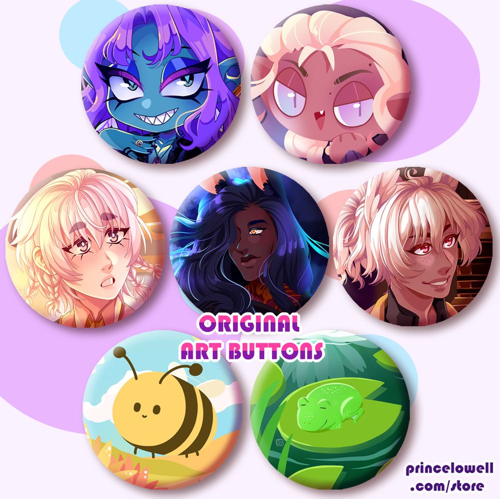 A set of original art buttons