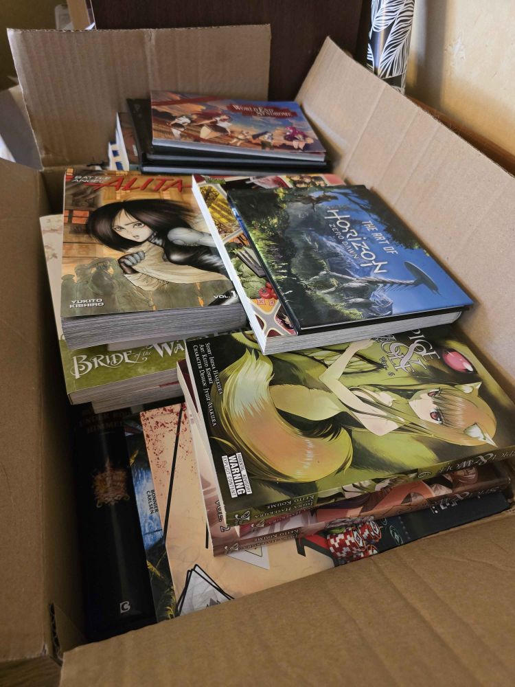 Photo of a box full of manga, art books and novels