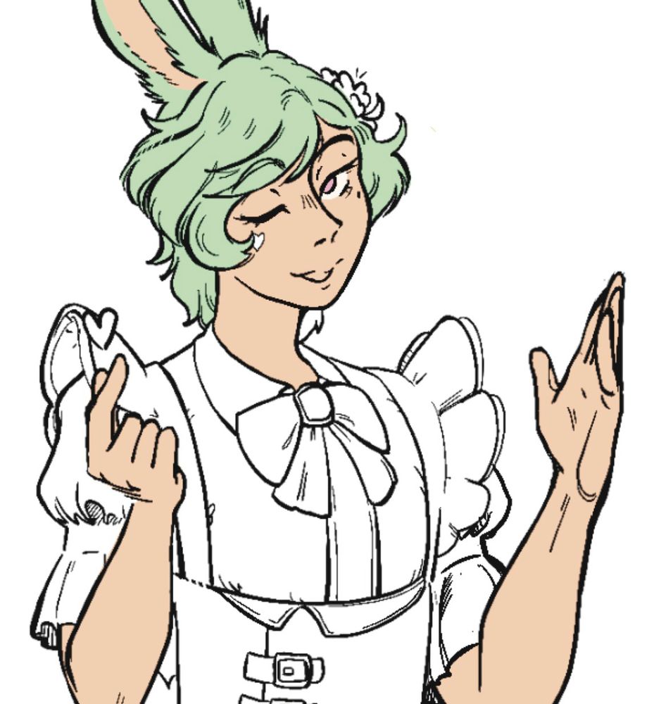 A screenshot of a work in progress of my friend KK’s male viera OC Warren. He is wearing a maid dress and winking at the camera, his left hand making a small heart with his index finger and thumb. So far, only his hair and skin are coloured in, with soft green hair and pink eyes.