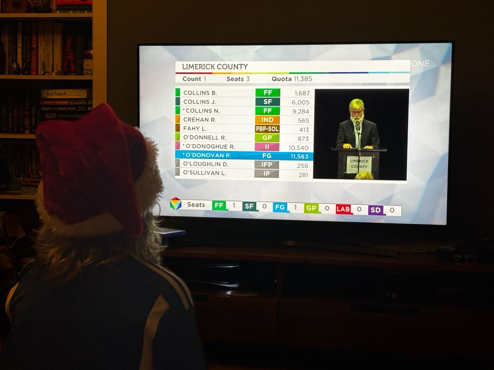 Child in Christmas hat watching the results being announced of the first count of Limerick county in the general election 