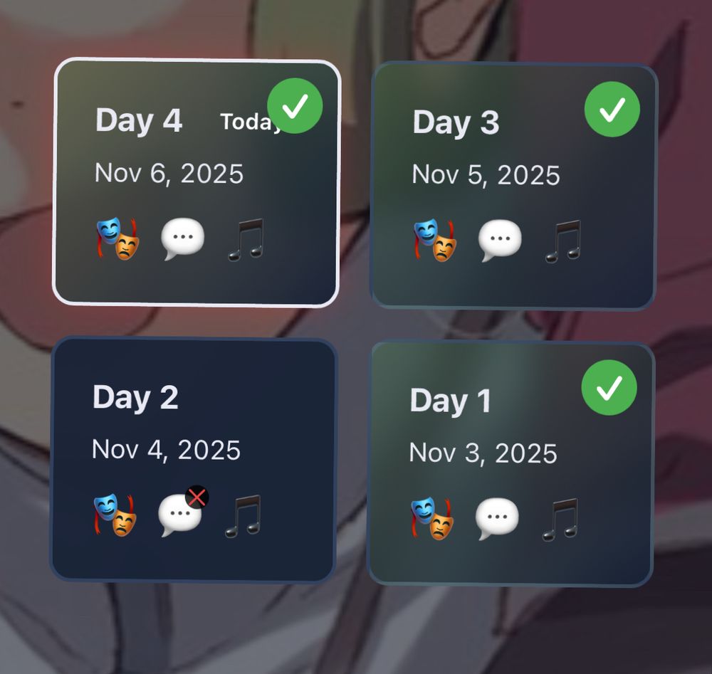 Kisekidle screenshot. Day 1, 3, 4 were checks, Day 2 has an X on the quote question 