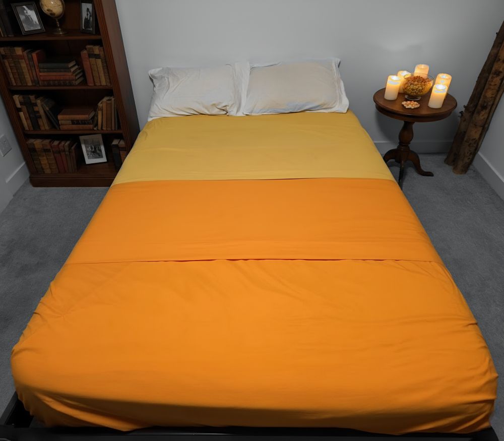 My bed sheets in the orange, yellow, white color scheme of candy corn.