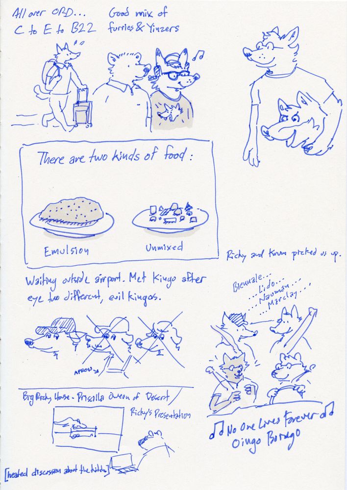 A scanned image of a sketchbook page with various drawings and written descriptions. Text reads “All over ORD… C to E to B22. A good mix of furries and Yinzers.” Below, a wolf walks with. A backpack and a rolling suitcase, and a straight-laced bear in a polo shirt stands next to a furry wearing headphones and a shirt with a yelling canine on it. To the right, an anthropomorphic wolf holds a fursuit head under his arm.

A drawing enclosed in a rectangle reads “There are two kinds of food: Emulsion. Unmixed.” An emulsified and unmixed food plate are shown.

Text reads “Waiting outside airport. Met Kingo after eye(?) two different, evil Kingos.” Three similar canines, one wearing an apron, are shown with two crossed out.

Text reads “Ricky and Krum picked us up. Text reading “Biennale… …Lido… …Nauman… …Marclay…” is written over a rough isometric view of a car’s interior with four anthropomorphic animals in their seats. “No one lives forever Oingo Boingo” is written below it.

A the bottom, text reads “Big Ricky House - Priscilla Queen of Desert / Ricky’s Presentation [heated discussion about the kitchen.] An anthropomorphic capybara sits in front of a laptop and TV monitor.