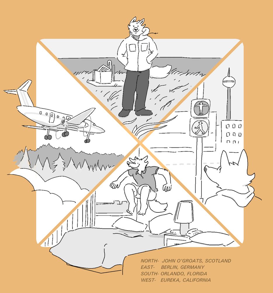A drawing depicting four farthest-flung locales visited by the artist. At north, an anthropomorphic wolf squints into the wind, facing the viewer, standing in the grass on a bluff overlooking the north sea. An entry to an abandoned UKWMO monitoring station is behind him. At east, the same wolf faces an Ampelmann display in Berlin. Some buildings and the Fernsehenturm are behind it. At south, a rambunctious young wolf is shown jumping on a hotel bed in Orlando, Florida. At west, an Embrarer EMB-120 descends into the clouds on approach to the airport in Eureka, California.