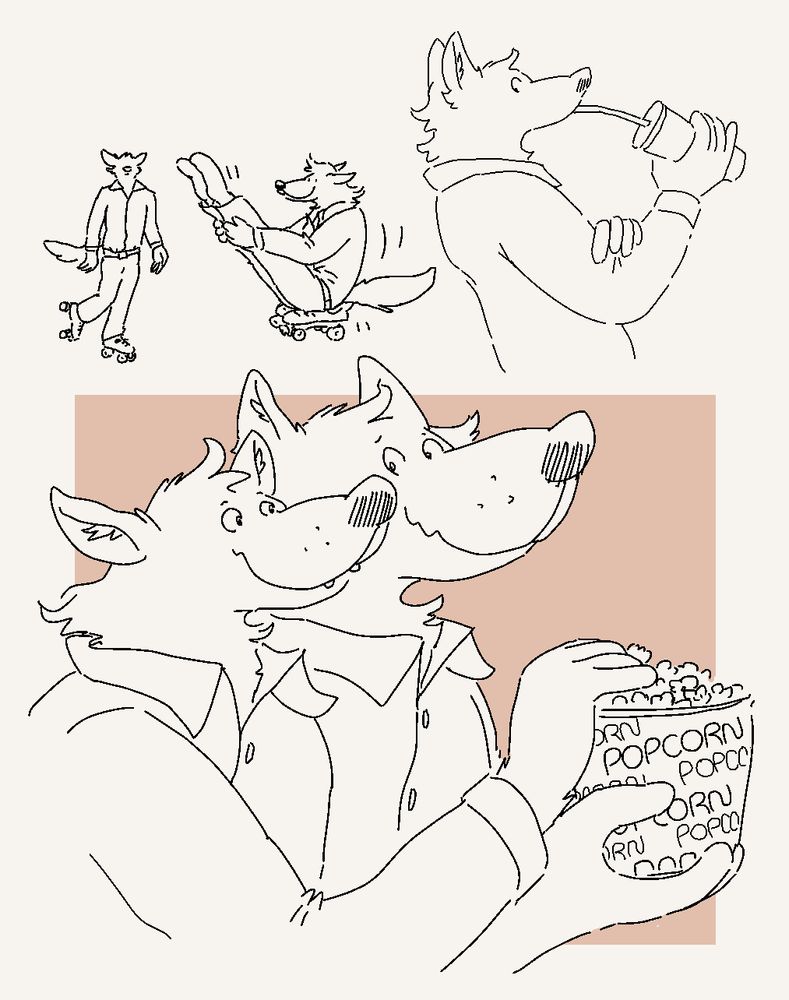 An illustration of various anthropomorphic canines. They are roller skating, sitting and riding on roller skates, and drinking from a paper cup with a straw. In the lower half of a picture, a brown box outlines two figures eating popcorn from a bucket together.