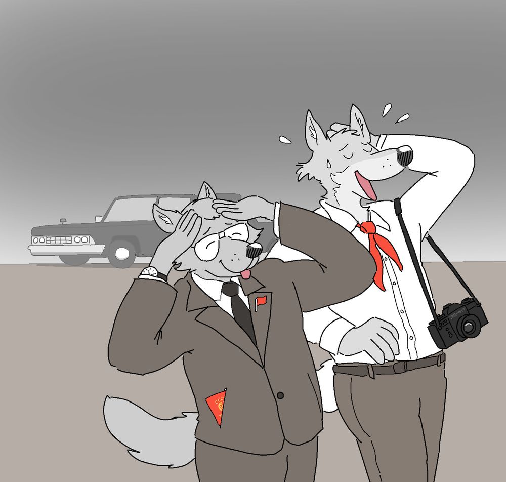 Two anthropomorphic canines pose in apologetic postures. One is wearing a pin of the Soviet Union on his lapel, and an international passport is poking from his pocket. The other wears a red handkerchief tied around his neck, and sports a Zenit SLR camera off his shoulder. Behind them, a ZIL limousine is visible.