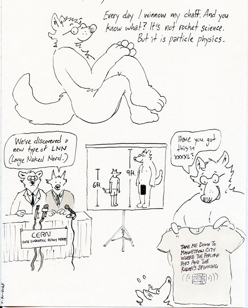 A scanned sketchbook page of cartoon drawings. An unclothed anthropomorphic wolf wearing only round spectacles sits at top with legs crossed, looking at the viewer. He says, "Every day I winnow my chaff. And you know what? It's not rocket science. But it is particle physics." At lower left, two researchers sit behind a table at a press conference. A placard on the table reads "CERN - Cute Energetic Really Nerdy." One researcher says "We've discovered a new type of LNN (Large Naked Nerd.) A projector screen to their right shows a size comparison between a regular 6ft tall nerd and the 9ft tall nerd, with the latter's massively hanging trunk censored with a black bar. At lower right, the LNN is shown displaying a t-shirt to a smaller creature, asking "Have you got this in XXXL?" The t-shirt has a drawing of a microwave on it. Text on the shirt reads "TAKE ME DOWN TO MAGNETRON CITY WHERE THE POPCORN POPS AND THE RADAR'S SPINNING."