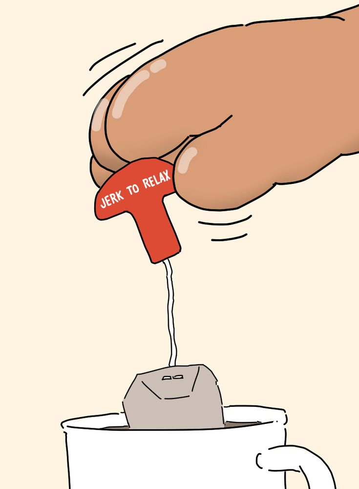 An inflatable vinyl paw languidly bounces a teabag in and out of a mug. The teabag tag resembles a toggle from an inflatable lifejacket; text on it reads "JERK TO RELAX."