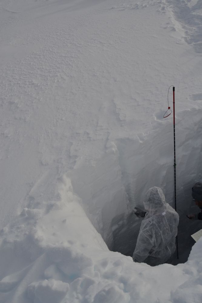 someone sampling a snow pit in the Svalbard Islands