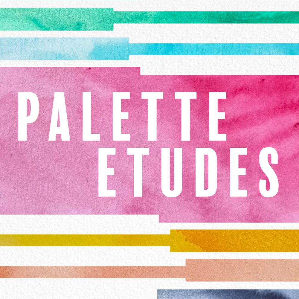 Title image for Palette Etudes, featuring various watercolour swatches in the shape of piano keys Green and light blue at the top of the image, and yellow, orange-brown, and blue-grey at the bottom.

In the centre of the image is a large magenta swatch with the words "palette etudes" in white.