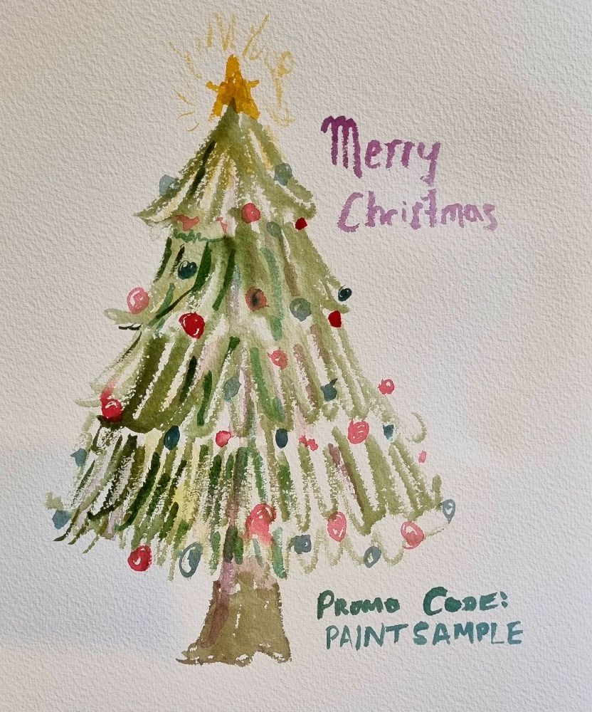 A watercolour painting of a green tree decorated with a gold star, and green and red baubles. It has the text, "Merry Christmas" and "Promo Code PAINTSAMPLE "