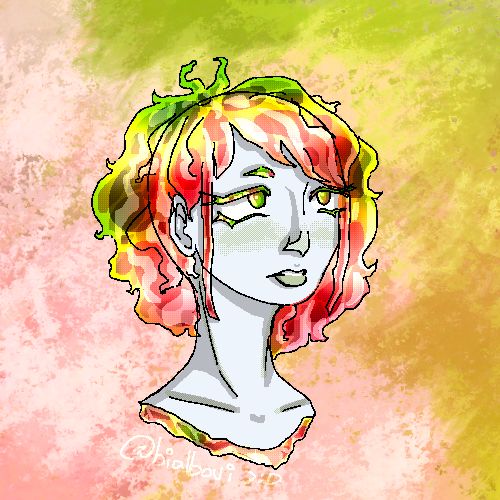 It’s a head of a crystal character from land of the lustrous, they have bright green and red short wavy hair, they have rounded features and big calm eyes