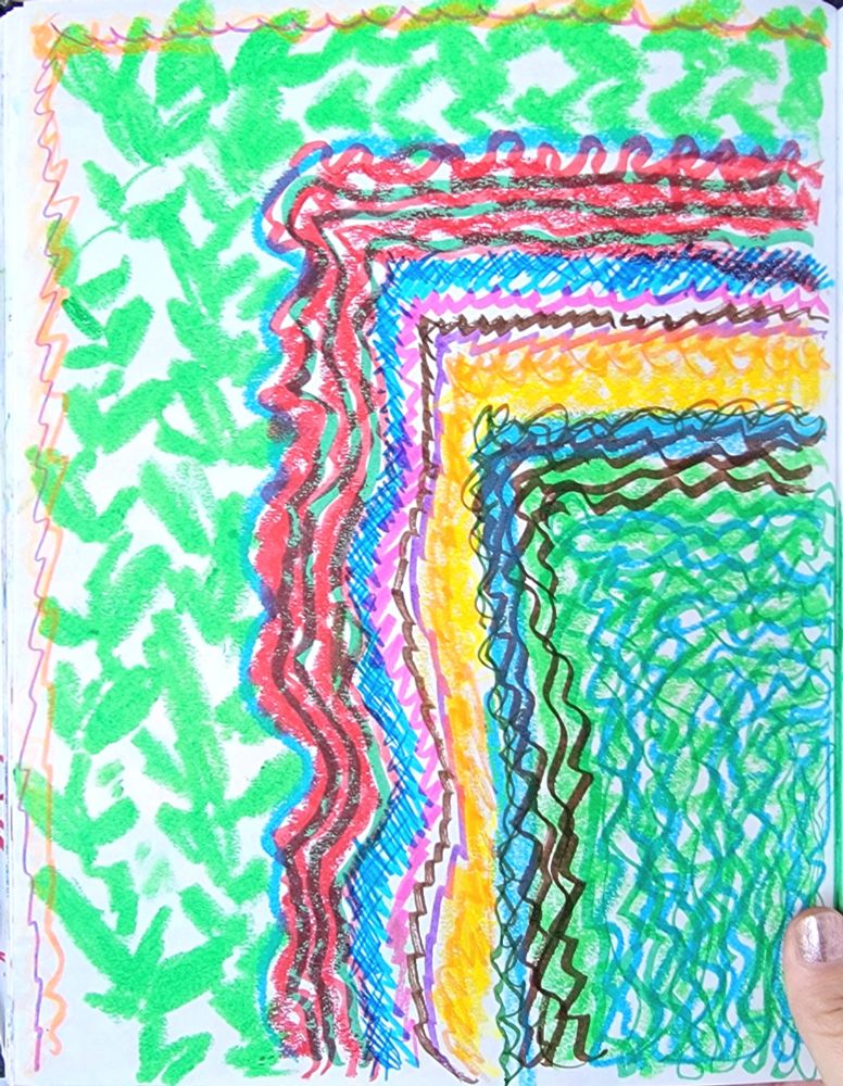It's an abstract colourful drawing of rectangles zooming into distance. There are leaf patterns, waves and zigzags