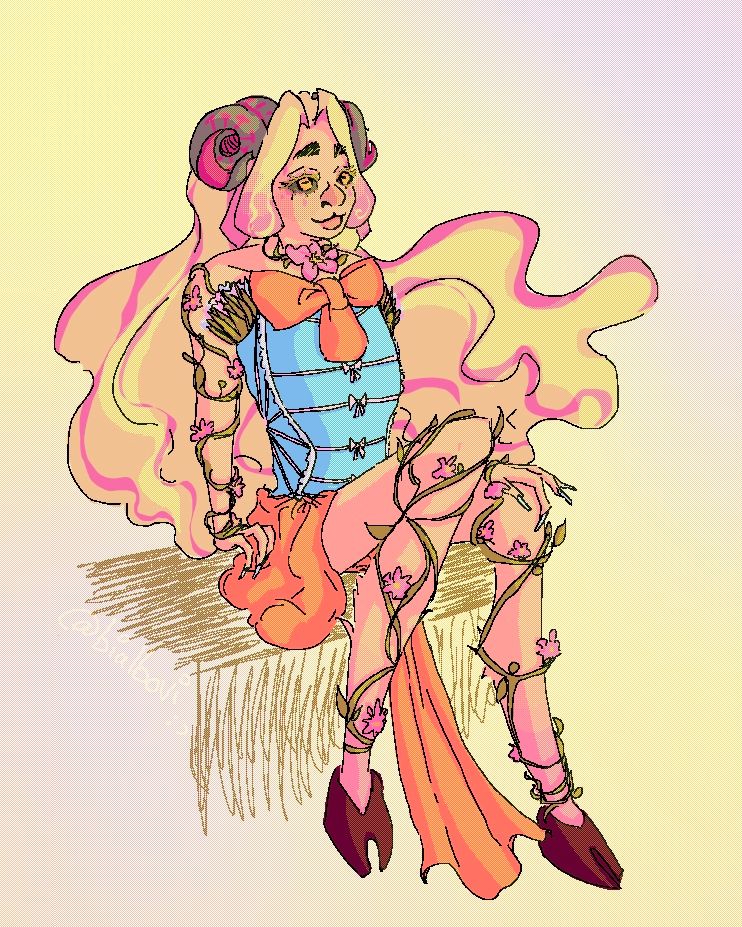 It’s a humanoid character with hooved legs sitting in sunlight, character has a lot of ribbon decorations, flowers and elegant cloth, in pink and blue and orange colours, with green horns, with nails, long wavy blonde and pink gradient hair, and some makeup
