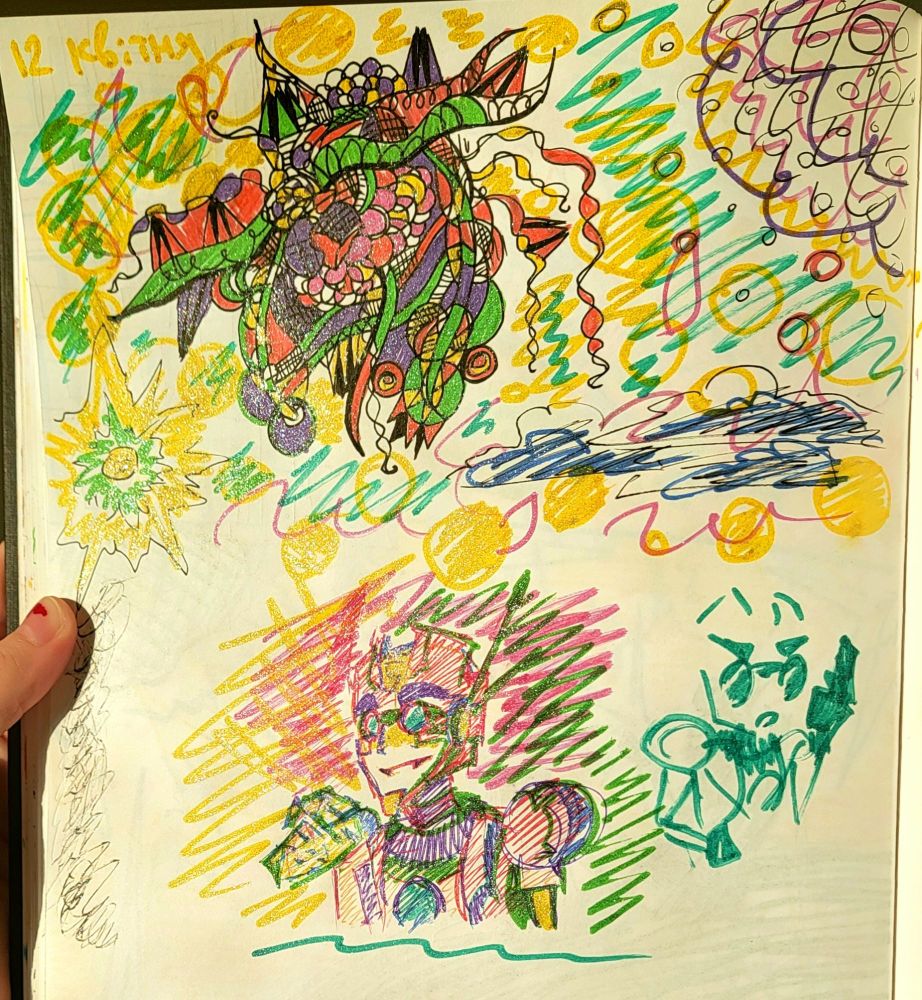 It's a page filled with random shape and line drawings, all made in glitter pens and markers. Most of the page is abstract, has vibrant colours and dark black lines. There are some abstract floral and nature patterns. On the bottom is a doodle of Rung holding out his palm and the other where he looks more serious and explains something